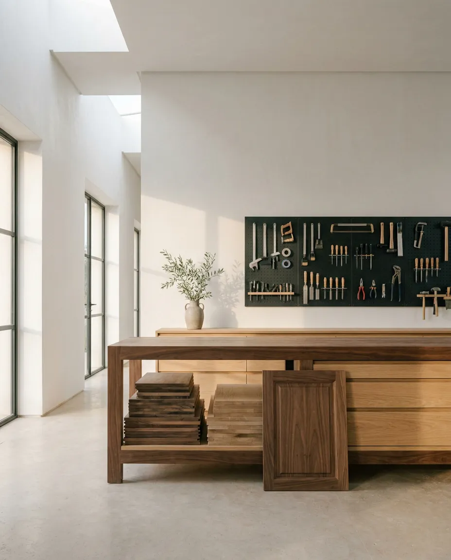 Amarchy joinery workshop: workbench with stacked walnut and oak panels, a walnut cabinet front and neatly stored tools