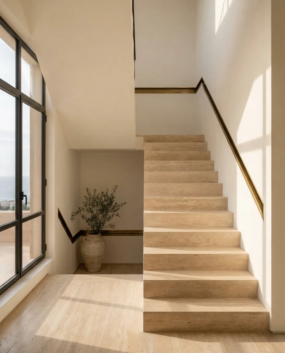 Interior staircase clad in honed travertine, thick treads and risers with a monolithic look