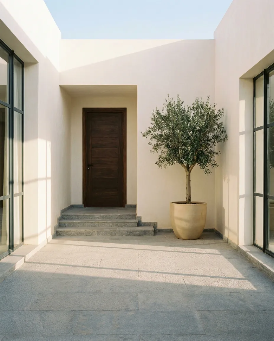 Villa entrance courtyard paved in grey bush-hammered Taza stone, a few steps leading up to a solid iroko door