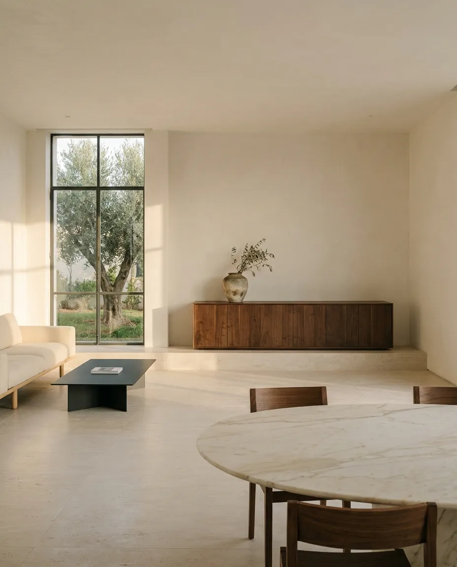 Living and dining room with a continuous floor in large-format travertine-effect porcelain, near-invisible joints, walnut sideboard