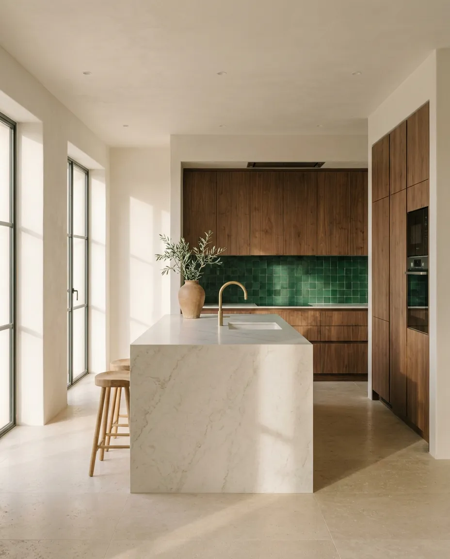 Open-plan walnut kitchen with a marble-effect island worktop, emerald zellige splashback and travertine floor