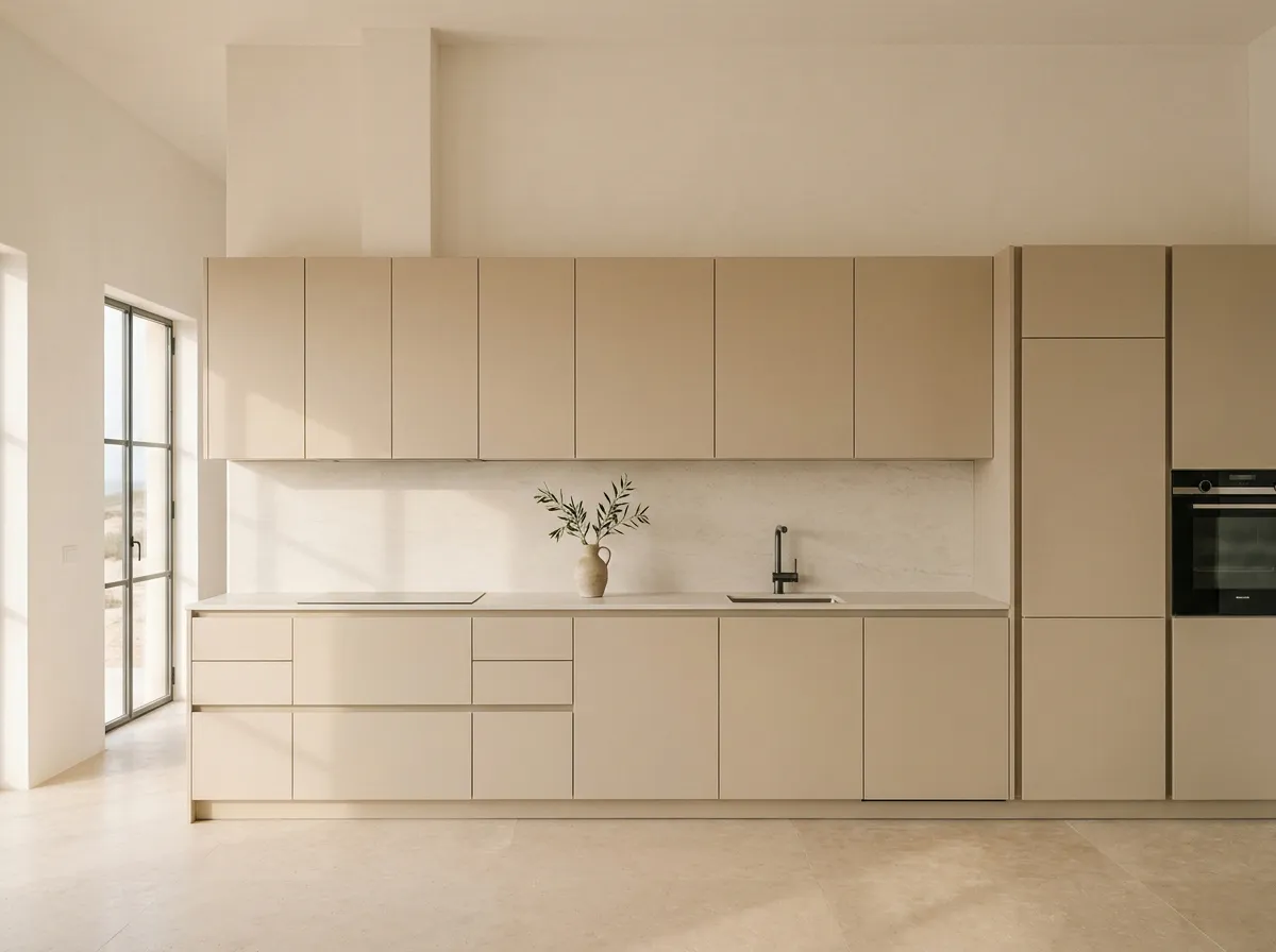 Single-wall kitchen in matt sand lacquered MDF, with a tall oven unit and the fridge at the end of the run
