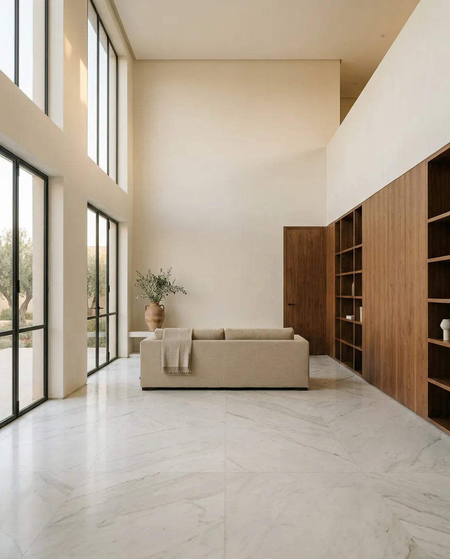 Séjour double hauteur : sol en grandes dalles effet marbre Calacatta et mur de menuiserie en noyer sur mesure