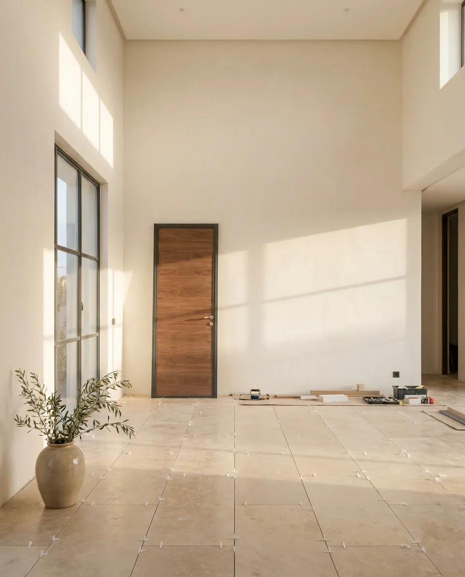 Villa neuve en phase de finitions : séjour lumineux aux murs enduits à la chaux, carrelage grand format en cours de pose, porte en chêne neuve