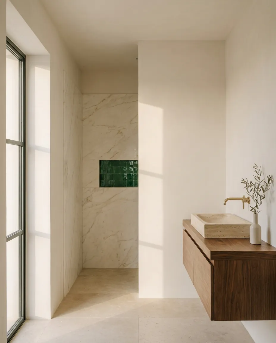 Salle de bains : douche à l'italienne en marbre Calacatta, meuble vasque suspendu en noyer avec vasque en travertin et niche en zellige émeraude