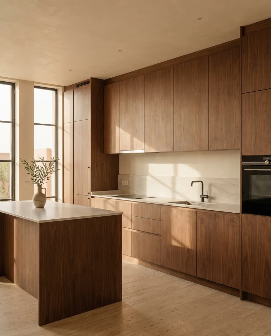 Cuisine sur mesure en noyer américain : meubles bas et hauts jusqu'au plafond, colonnes avec four et réfrigérateur intégrés, îlot et plan en grès effet marbre