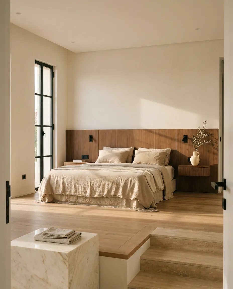 Suite parentale avec mur tête de lit en noyer toute largeur et tablettes de chevet intégrées, parquet en chêne