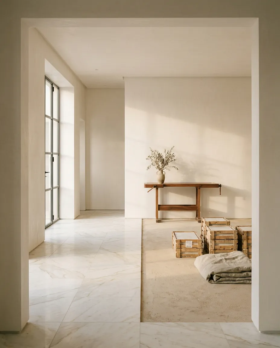 Appartement en cours de rénovation : moitié du sol déjà carrelée en grand format, chape nue, caisses de carrelage et murs fraîchement enduits