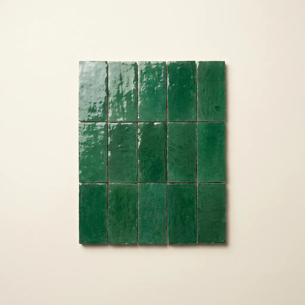 Hand-glazed emerald-green bejmat zellige tiles with uneven, glossy surfaces