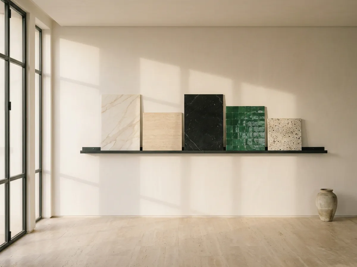 Mur du showroom présentant des échantillons de carrelage et de pierre grand format sur un rail en acier noir : Calacatta, travertin, Marquina, zellige émeraude, terrazzo