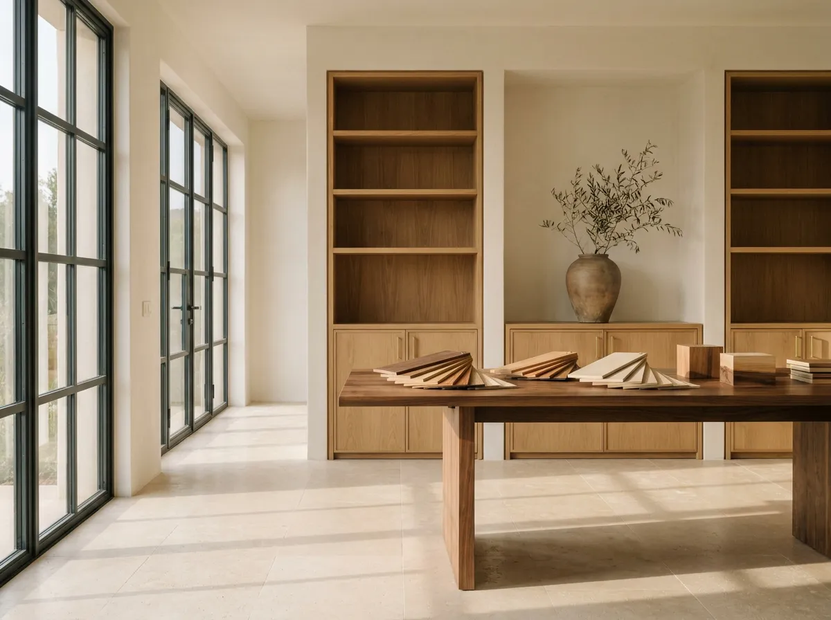 Table du showroom avec des échantillons de placages et de bois massifs disposés en éventail : noyer, chêne, cèdre de l'Atlas, teck, frêne, MDF laqué sable